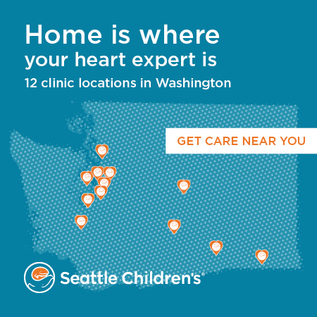 A map of Washington state with the phrase "Home is where your heart expert is. 12 clinic locations in Washington. Get care near you"
