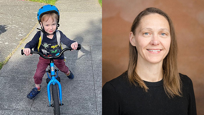 Young boy with blue helmet, navy blue long sleeved shirt and maroon pants rides a blue bike. Dr. Rachel Rau smiles in front of a brown background.